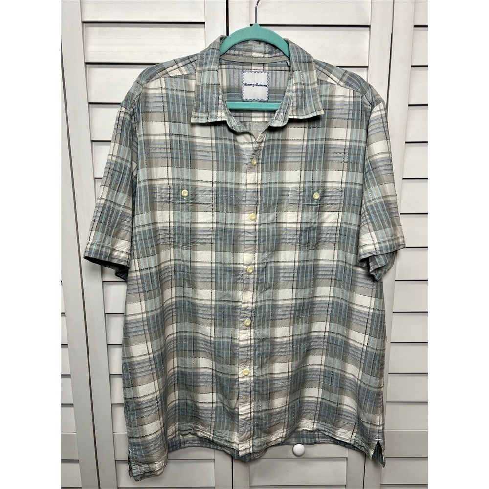 Tommy Bahama Silk Blend Plaid Textured Short Sleeve Button Down Shirt Size XL